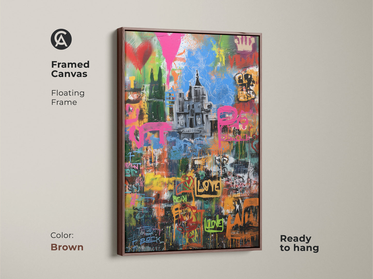 Framed canvas of a graffiti cityscape in a brown floating frame. This urban street art print is ready to hang. The abstract pink yellow blue art is eclectic wall decor for a living room. Modern graffiti artwork adds a unique touch.