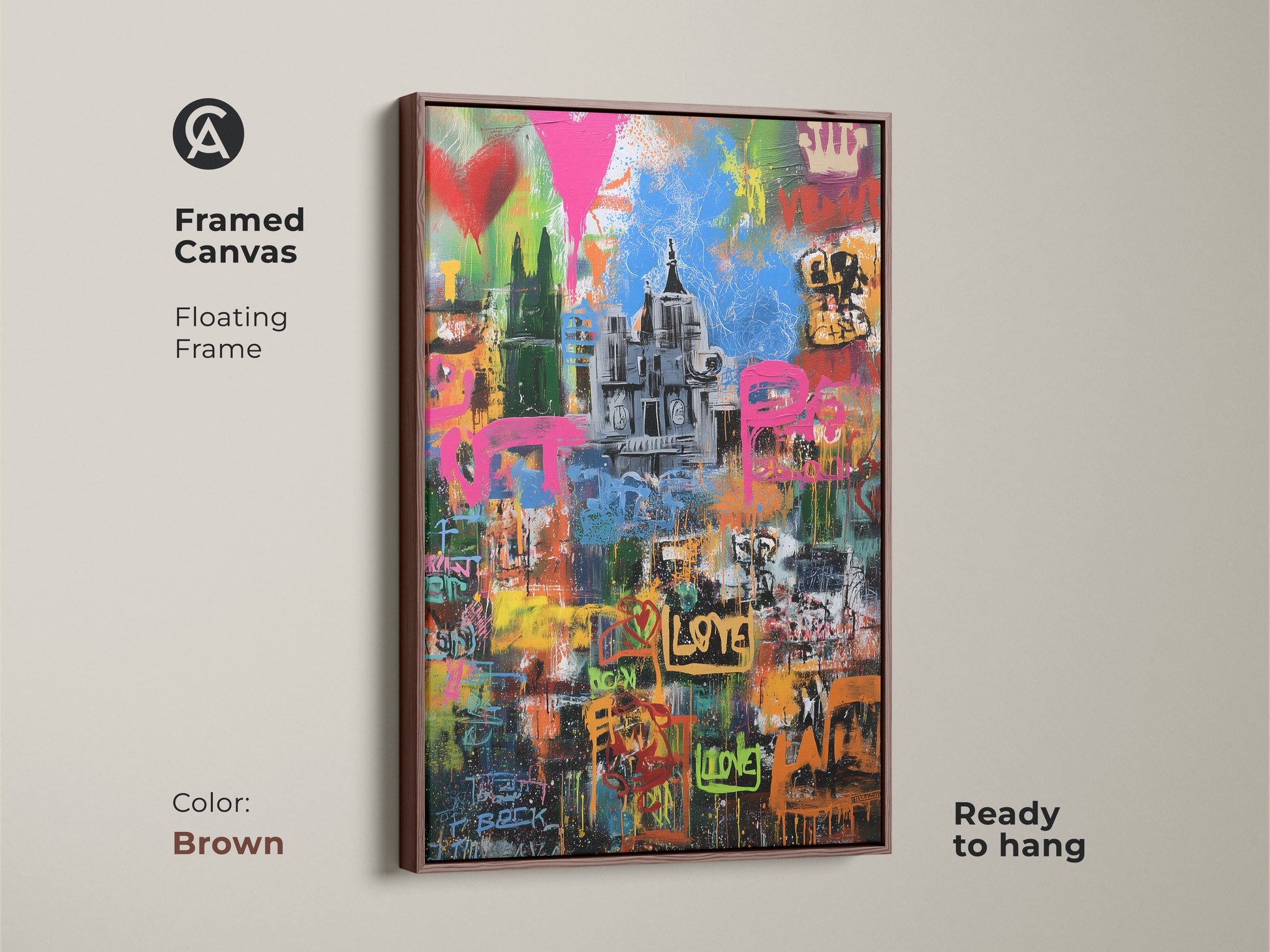 Framed canvas of a graffiti cityscape in a brown floating frame. This urban street art print is ready to hang. The abstract pink yellow blue art is eclectic wall decor for a living room. Modern graffiti artwork adds a unique touch.
