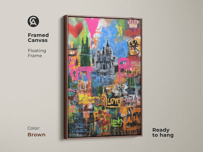 Framed canvas of a graffiti cityscape in a brown floating frame. This urban street art print is ready to hang. The abstract pink yellow blue art is eclectic wall decor for a living room. Modern graffiti artwork adds a unique touch.