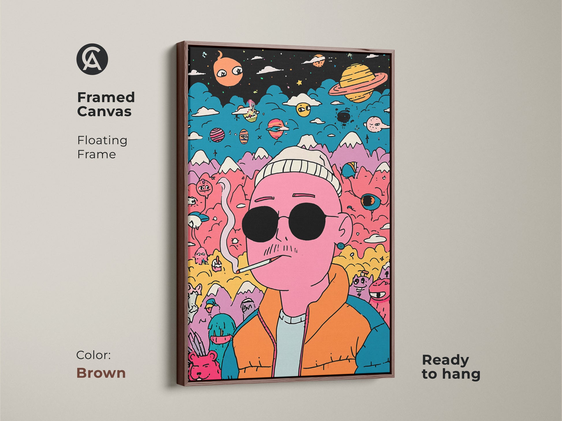 Framed canvas art with a floating frame in brown. The artwork features a pink man with sunglasses. Planets mountains and colorful creatures surround him. The brown frame enhances the art. It is ready to hang and enjoy. Add this unique piece to your home decor.