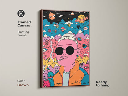 Framed canvas art with a floating frame in brown. The artwork features a pink man with sunglasses. Planets mountains and colorful creatures surround him. The brown frame enhances the art. It is ready to hang and enjoy. Add this unique piece to your home decor.
