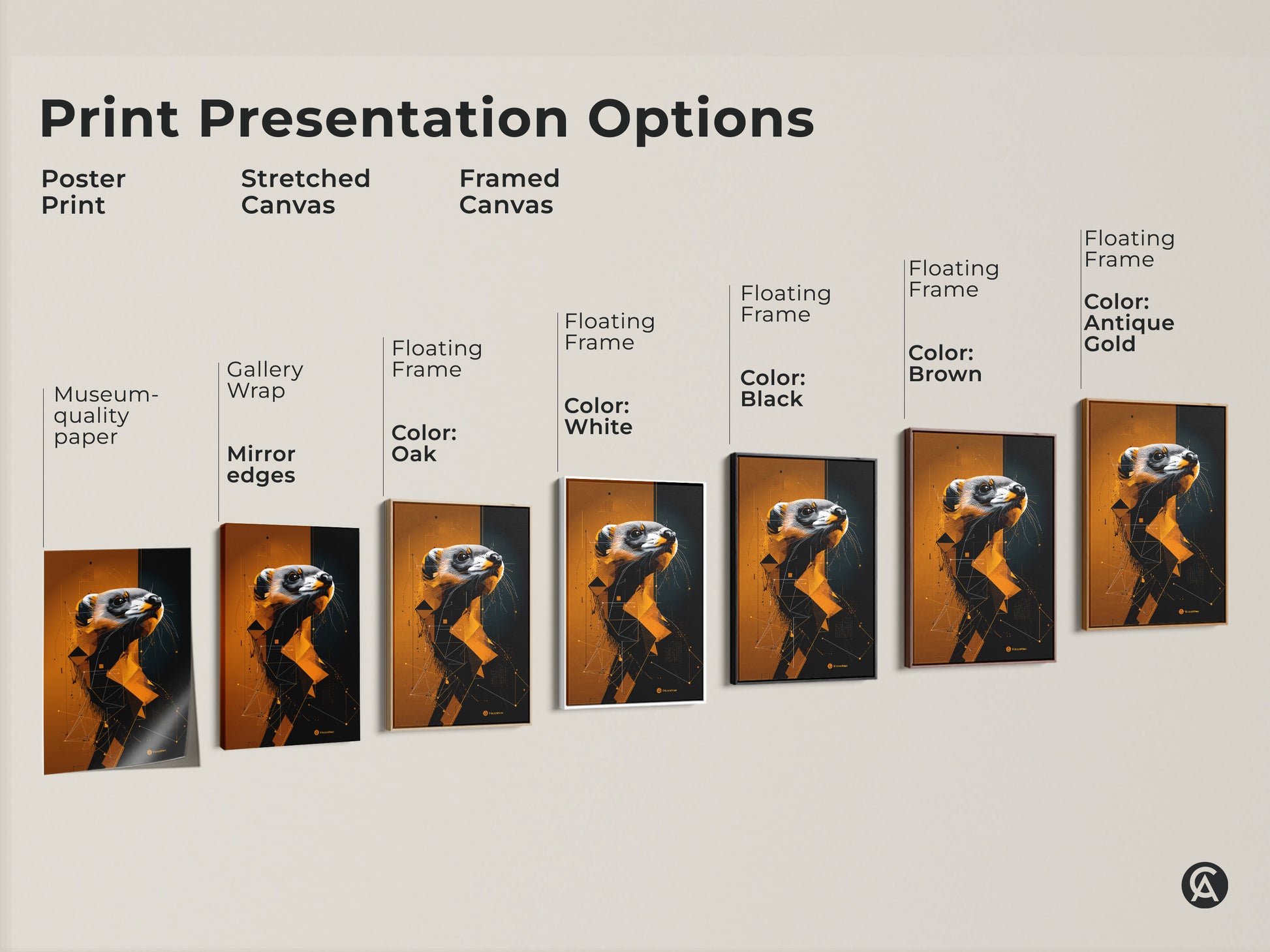 Explore print presentation options for geometric ferret art on museum quality paper and canvas. Select from framed options and stretched canvas for a unique animal wall art.