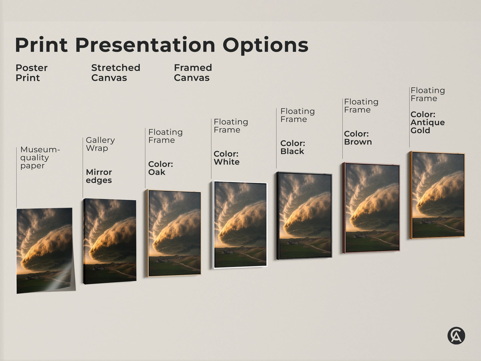 Explore print presentation options. From a poster print to stretched and framed canvas. The dramatic stormy sky art features a golden yellow cloud and green landscape. Select from gallery wrap museum-quality paper or floating frames in colors like black brown and antique gold.
