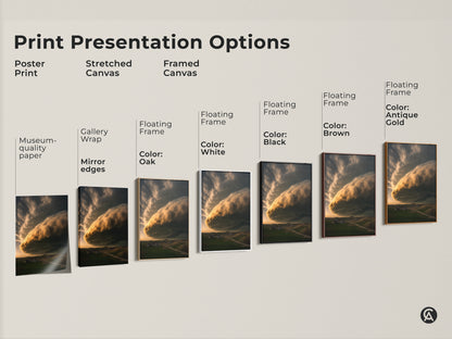 Explore print presentation options. From a poster print to stretched and framed canvas. The dramatic stormy sky art features a golden yellow cloud and green landscape. Select from gallery wrap museum-quality paper or floating frames in colors like black brown and antique gold.