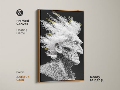 Framed canvas art featuring an elderly man with a white mohawk. The artwork is made of white lines on a black background. The frame is antique gold and floating. Ready to hang in any room. A modern art piece.