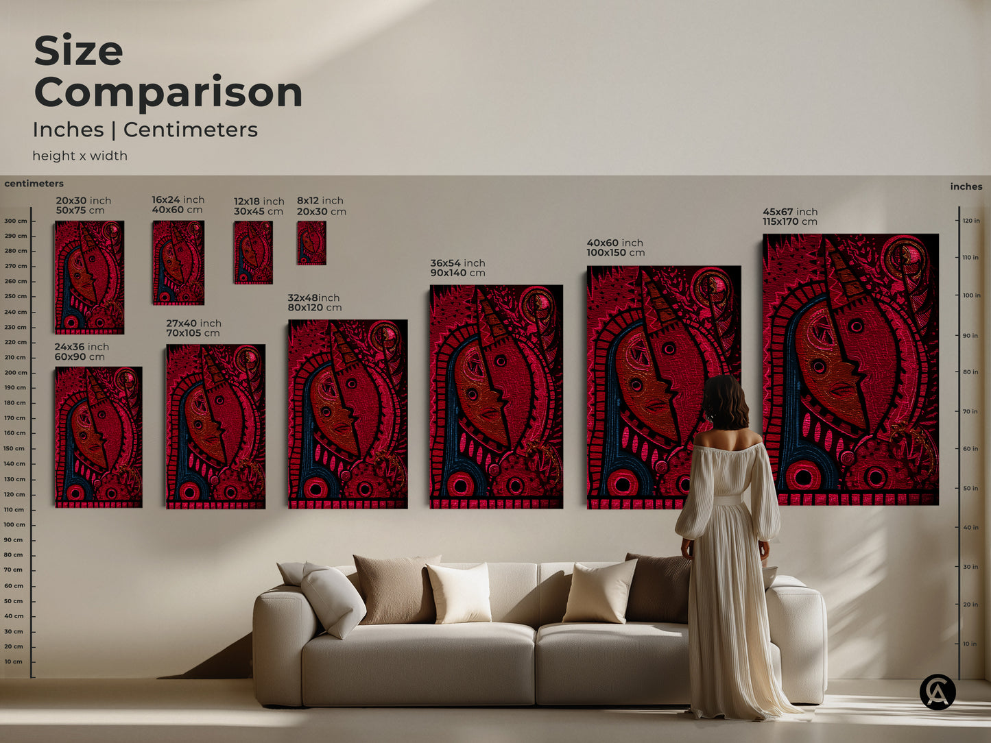Size comparison of abstract face art prints. Visualize different dimensions of red and blue artwork. Choose from various sizes to fit your decor. This tribal mask canvas will be a bold addition to your home.