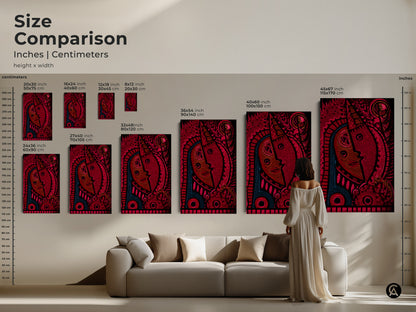 Size comparison of abstract face art prints. Visualize different dimensions of red and blue artwork. Choose from various sizes to fit your decor. This tribal mask canvas will be a bold addition to your home.