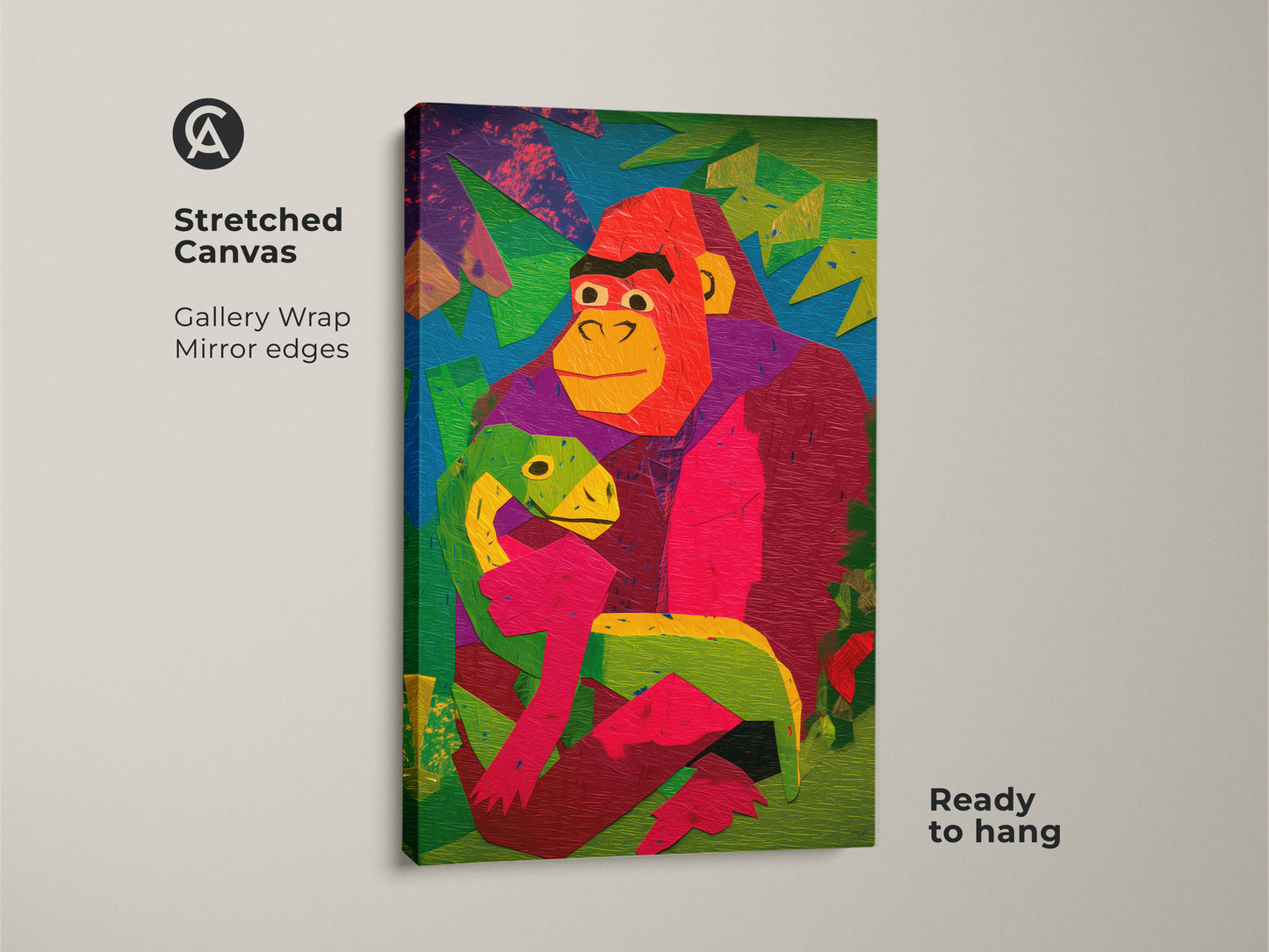 Stretched canvas art of a gorilla and baby dinosaur. This gallery wrapped art has mirror edges and is ready to hang. The colorful geometric artwork is ideal for kids' room decor. A unique animal lover gift featuring an abstract jungle theme.