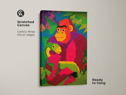 Stretched canvas art of a gorilla and baby dinosaur. This gallery wrapped art has mirror edges and is ready to hang. The colorful geometric artwork is ideal for kids' room decor. A unique animal lover gift featuring an abstract jungle theme.