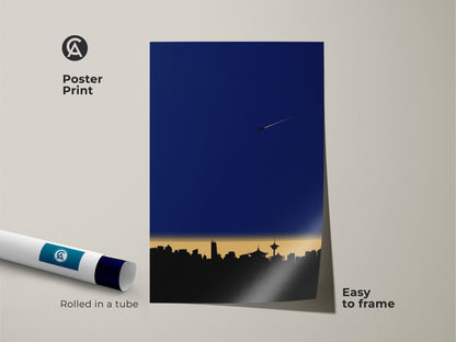 Poster Print of a minimalist cityscape. It showcases a modern skyline art print rolled in a tube for easy framing. Deep blue wall art ideal for office spaces. Geometric airplane wall decor travel theme art.