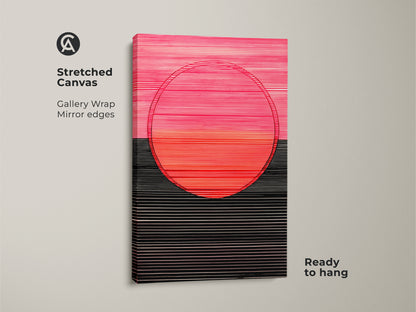 Gallery wrapped stretched canvas of modern abstract art. The geometric circle canvas print has mirror edges. The minimalist line art decor is ready to hang. Hot pink coral and black.
