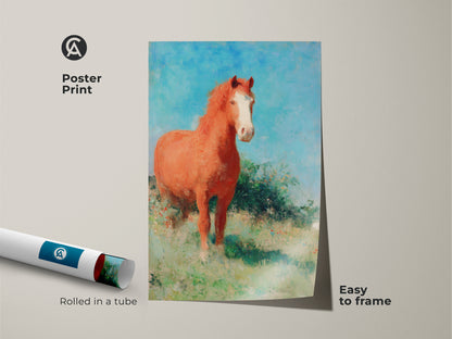 Poster print of an impressionist horse in a field. This animal art print comes rolled in a tube for easy framing. The rustic orange and blue nature landscape adds color to any room. This country horse artwork is ideal for wall art in a living room. Enjoy the beauty of this outdoor horse canvas.