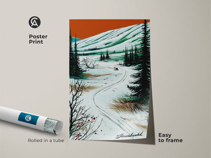 Winter wolf landscape art poster print rolled up. The art features a rustic snowy forest scene with painterly details. The poster is easy to frame. It is an ideal gift for nature enthusiasts seeking stylized decor.