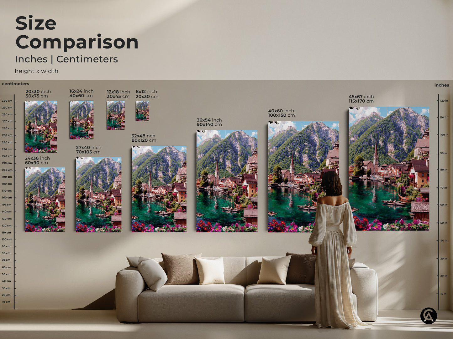 Size comparison for teal lake village art prints. See how each size fits in your home with this visual guide. Available as canvas or poster prints sizes range from small to large. Featuring an impressionistic mountain landscape and a charming European town artwork.
