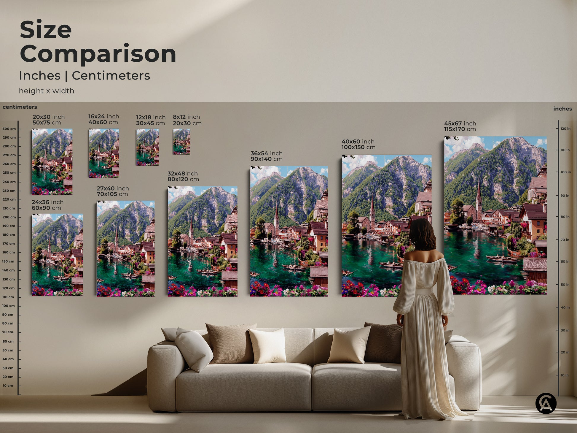 Size comparison for teal lake village art prints. See how each size fits in your home with this visual guide. Available as canvas or poster prints sizes range from small to large. Featuring an impressionistic mountain landscape and a charming European town artwork.