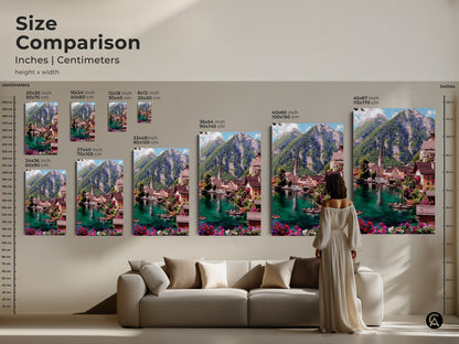 Size comparison for teal lake village art prints. See how each size fits in your home with this visual guide. Available as canvas or poster prints sizes range from small to large. Featuring an impressionistic mountain landscape and a charming European town artwork.
