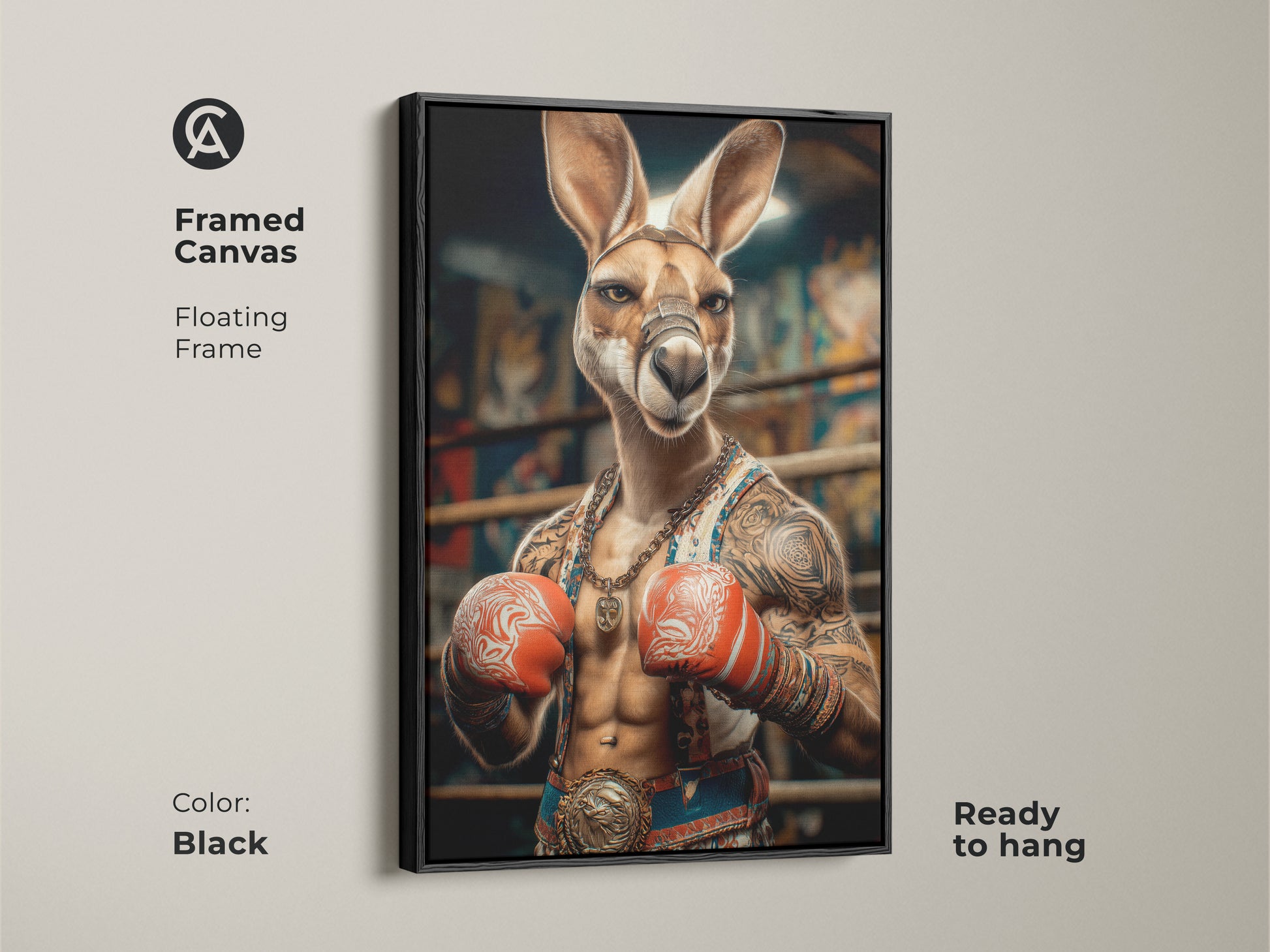 This framed canvas features a photorealistic kangaroo boxer. The tattoo art style gives this artwork an edgy look. The floating frame in black enhances this piece of eclectic animal wall art. Ready to hang it is perfect for office decor or a sports fan's man cave.