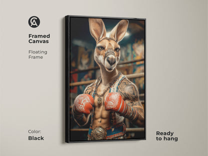 This framed canvas features a photorealistic kangaroo boxer. The tattoo art style gives this artwork an edgy look. The floating frame in black enhances this piece of eclectic animal wall art. Ready to hang it is perfect for office decor or a sports fan's man cave.