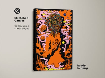 Stretched canvas print featuring surrealism wall art. The psychedelic artwork showcases an abstract head with an orange eye. This eclectic decor piece is ready to hang with gallery wrapped mirror edges. A pink abstract background complements the modern wall hanging.
