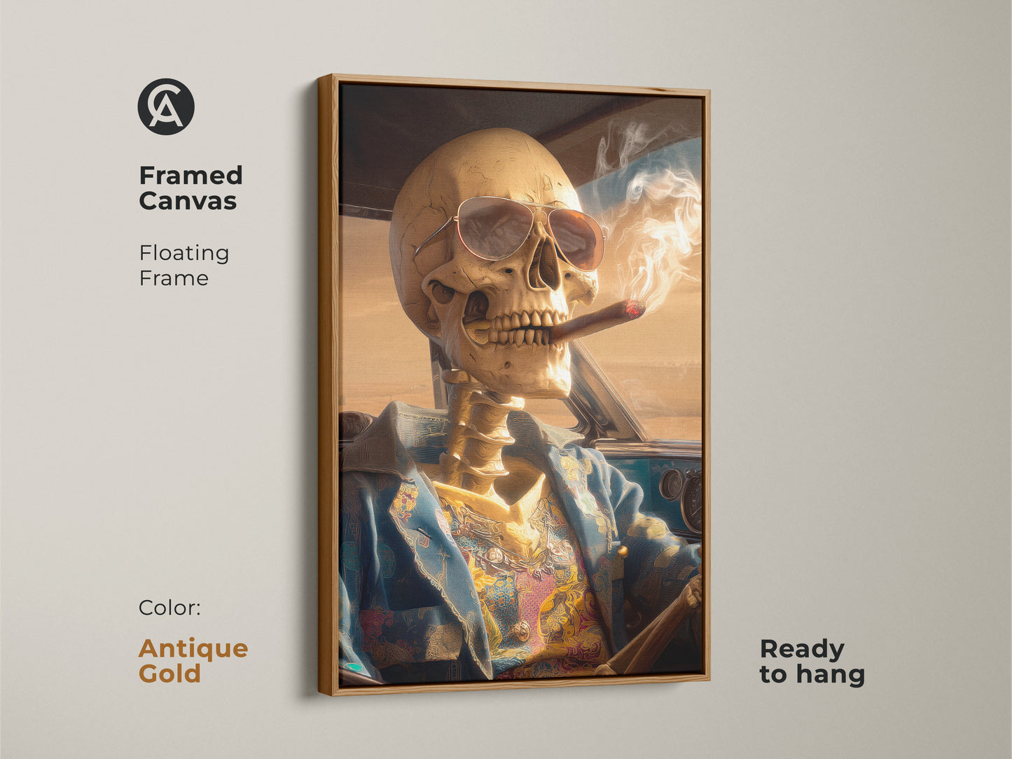 Framed canvas art showcasing a skeleton driving a car. The frame is a floating frame and the color is antique gold. The skeleton is wearing sunglasses and smoking a cigar. Ready to hang this artwork is a perfect gift. It is a stylish home decor piece.