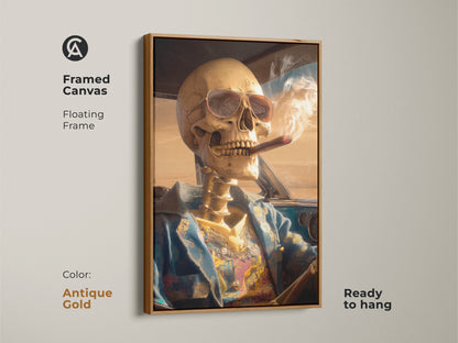 Framed canvas art showcasing a skeleton driving a car. The frame is a floating frame and the color is antique gold. The skeleton is wearing sunglasses and smoking a cigar. Ready to hang this artwork is a perfect gift. It is a stylish home decor piece.