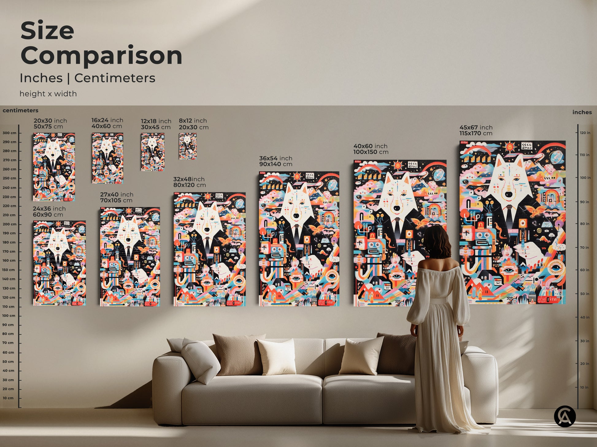 A size comparison of abstract wolf artwork in inches and centimeters. See how the multicolor canvas or poster fits above a sofa. Visualize the scale of this surreal animal art. Choose the perfect size to enhance your eclectic modern decor. A unique gift for art lovers.