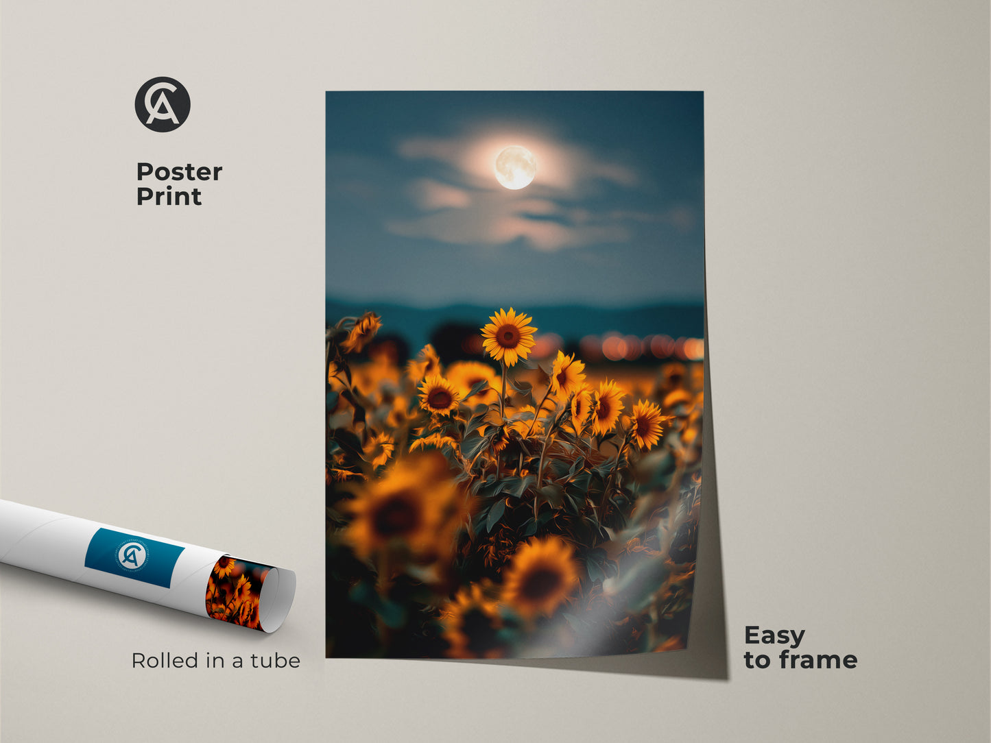 Poster print of a moonlit sunflower field. The dreamy impressionistic artwork combines golden yellow orange and teal hues. Rolled in a tube this nature inspired wall decor is easy to frame and perfect for a bedroom or living room.