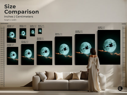 Size comparison of teal moon witch art in inches and centimeters. This artwork features a witch silhouette against a luminous teal moon. Find the perfect size for your gothic Halloween decor.