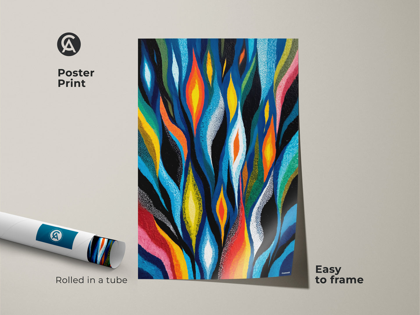 This Poster Print features a modern abstract painting of flames and leaves. Rolled in a tube it's easy to frame. The vibrant blues oranges and yellows make it a striking piece of geometric art for any home.