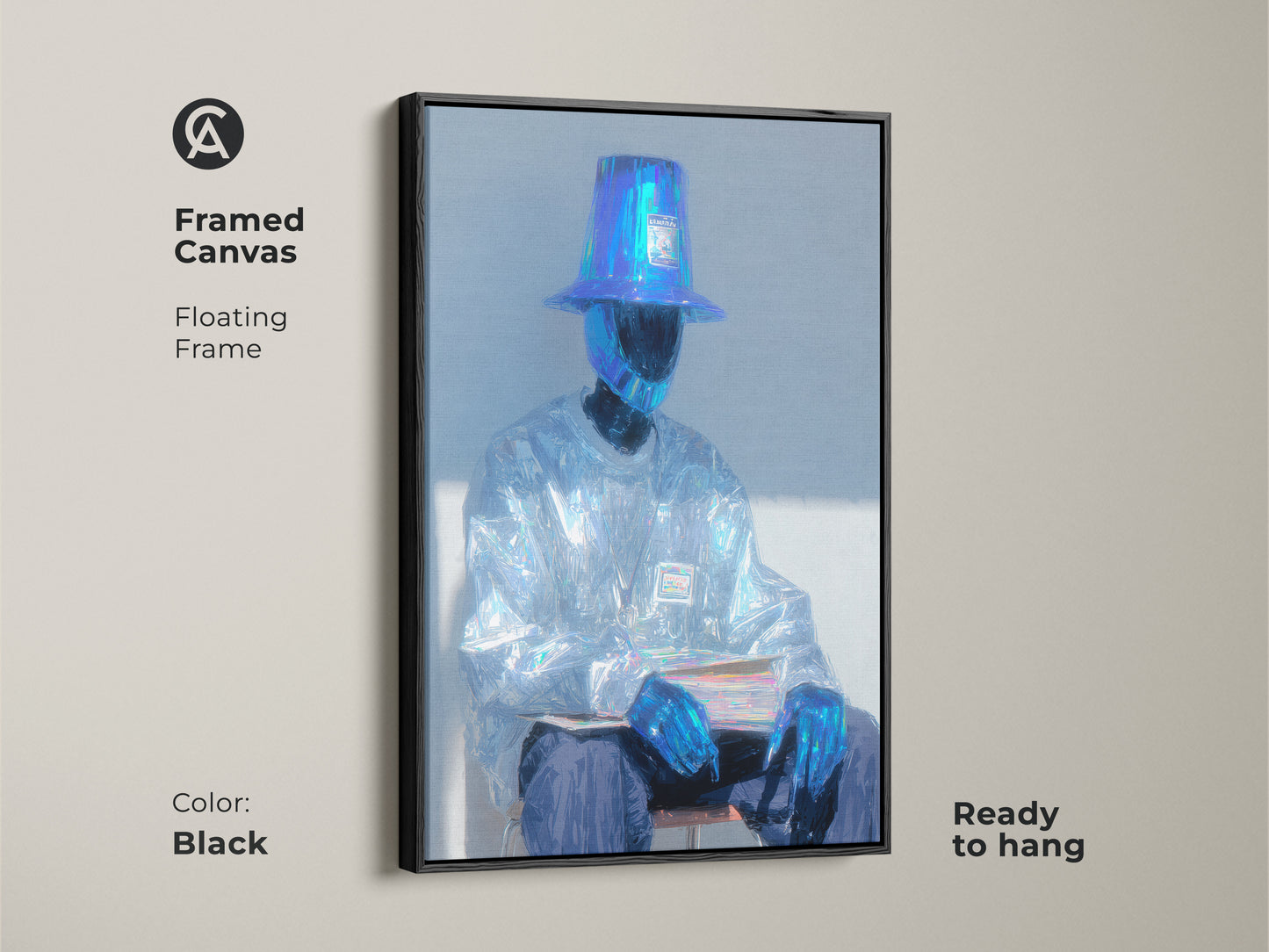 Framed canvas of a seated figure artwork. The subject is in a bucket hat and reflective garments. The floating frame is in black. Ready to hang this piece adds a touch of modern art to your home.