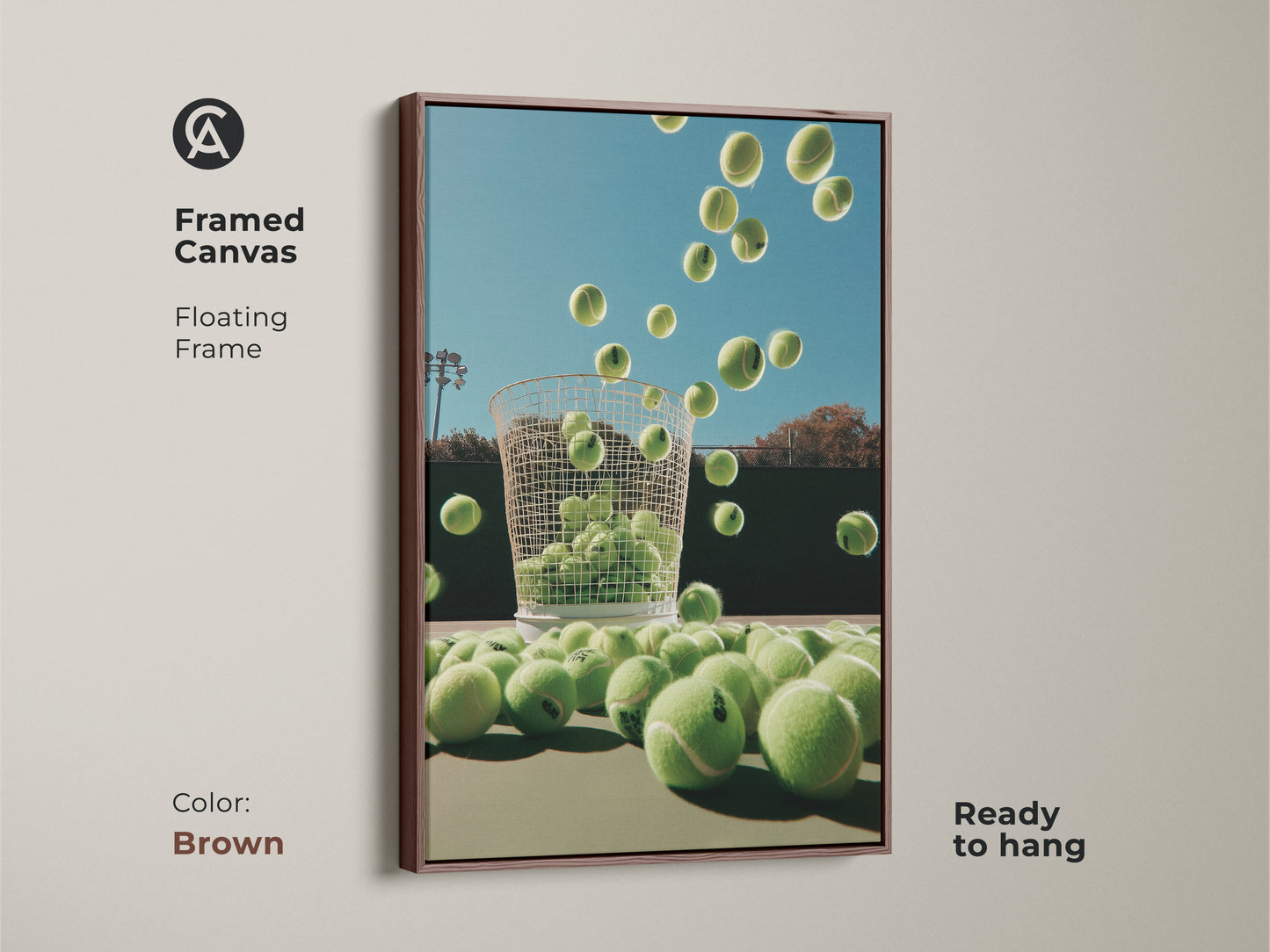Framed canvas art with a brown floating frame. Ready to hang and adds warmth to your decor. This tennis ball artwork is a stylish addition to any room. The rich colors and dynamic composition create a captivating visual experience.