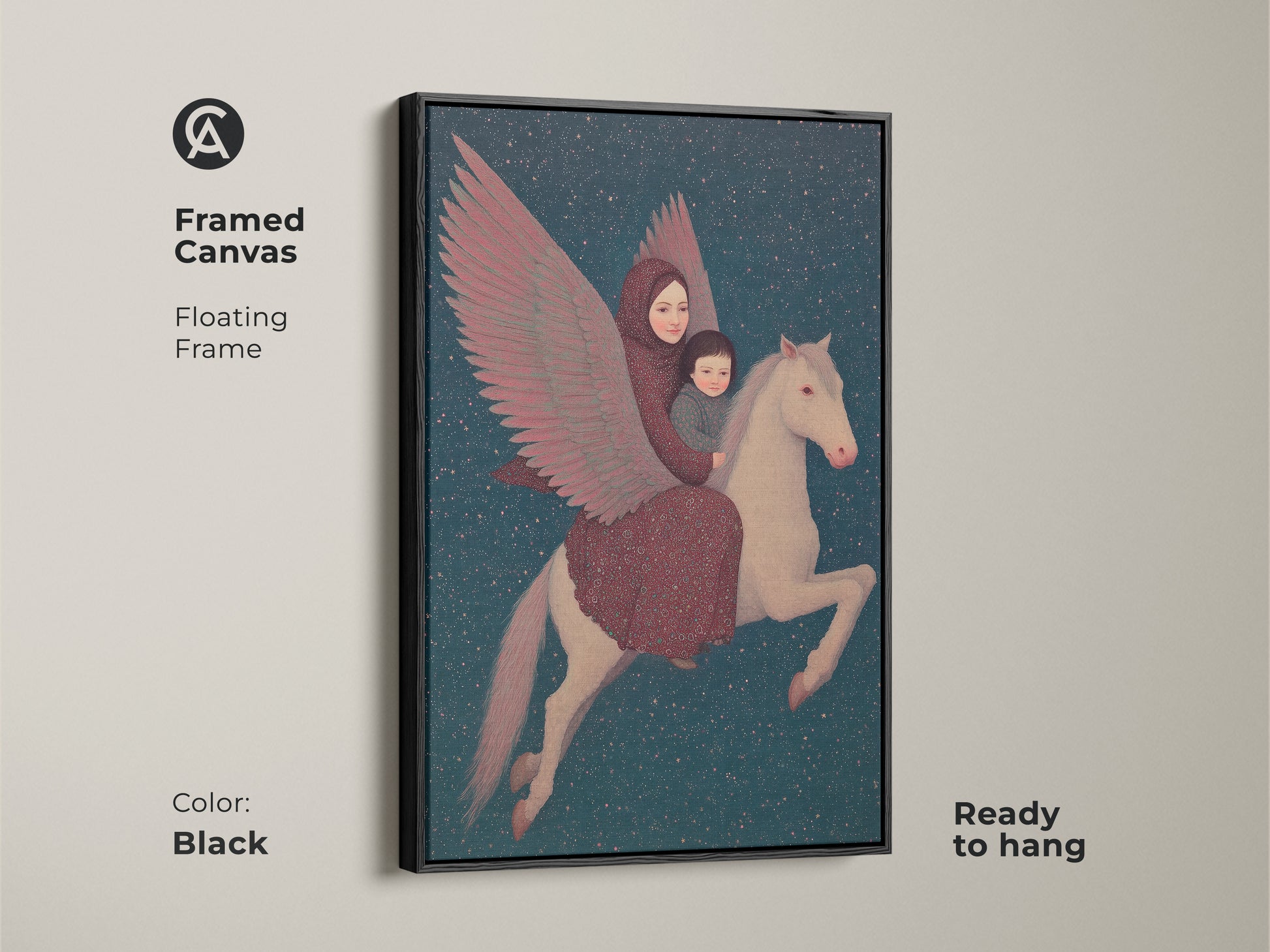 Black framed canvas features a surreal artwork of a mother and child on a Pegasus. This ready-to-hang art brings eclectic charm. The imaginative Pegasus canvas art creates a focal point in any room. Cosmic fantasy art at its finest.