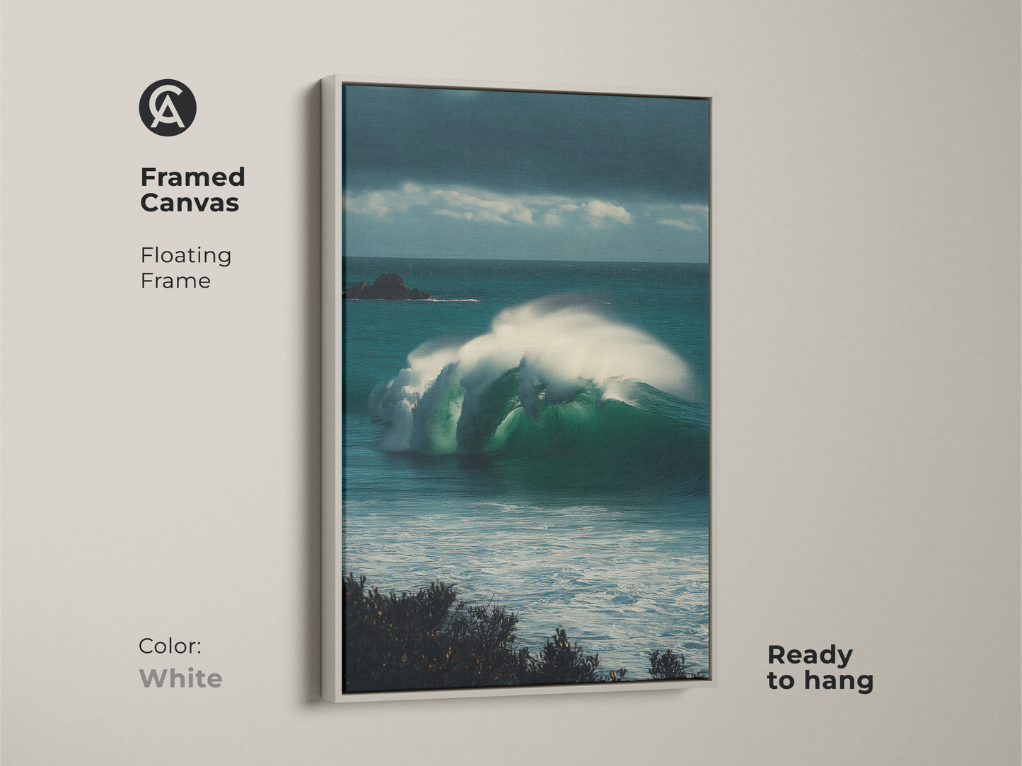 White Framed Coastal Ocean Wave Canvas Art. This framed crashing wave wall art adds a minimalist coastal touch to your home. It is ideal as a housewarming gift for surfer.