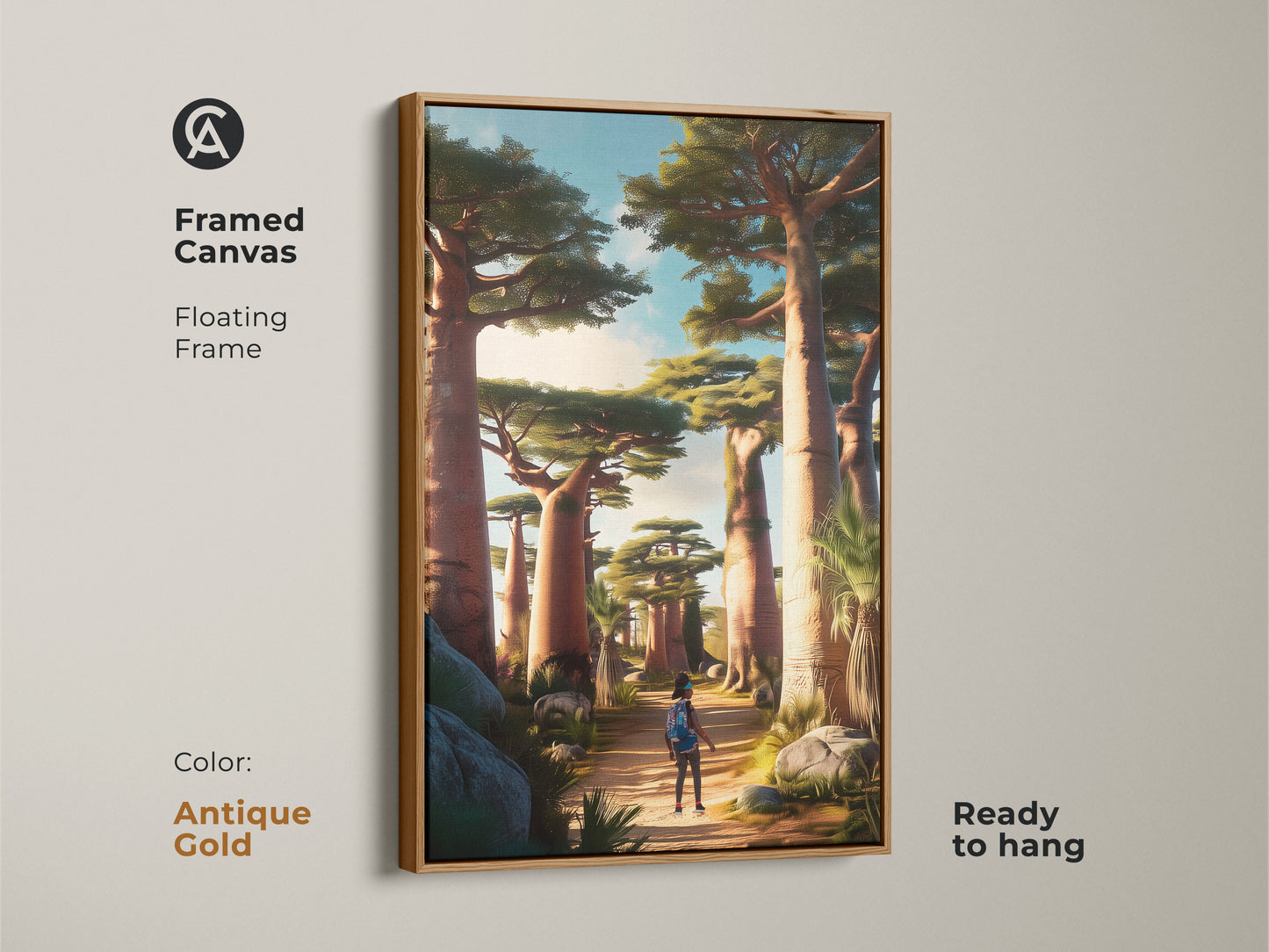 Framed canvas of African Baobab Trees art. The antique gold floating frame highlights the earth tone landscape. A traveler walks on the scenic path. Ready to hang this makes a unique botanical tree art piece.