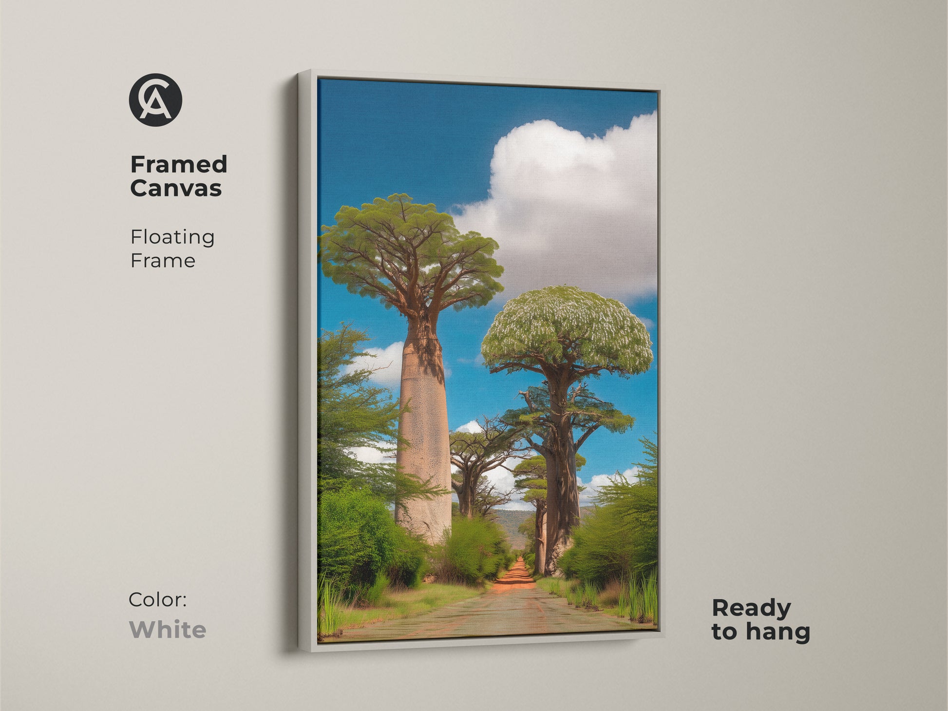 Framed canvas showcasing realistic baobab trees with a white floating frame. Ready to hang this African landscape wall art. A perfect addition to boho-inspired interiors. This travel lovers gift evokes the spirit of the savanna. The blue sky and photorealistic trees create a serene ambiance.