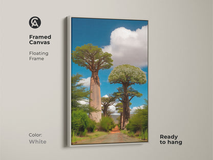 Framed canvas showcasing realistic baobab trees with a white floating frame. Ready to hang this African landscape wall art. A perfect addition to boho-inspired interiors. This travel lovers gift evokes the spirit of the savanna. The blue sky and photorealistic trees create a serene ambiance.