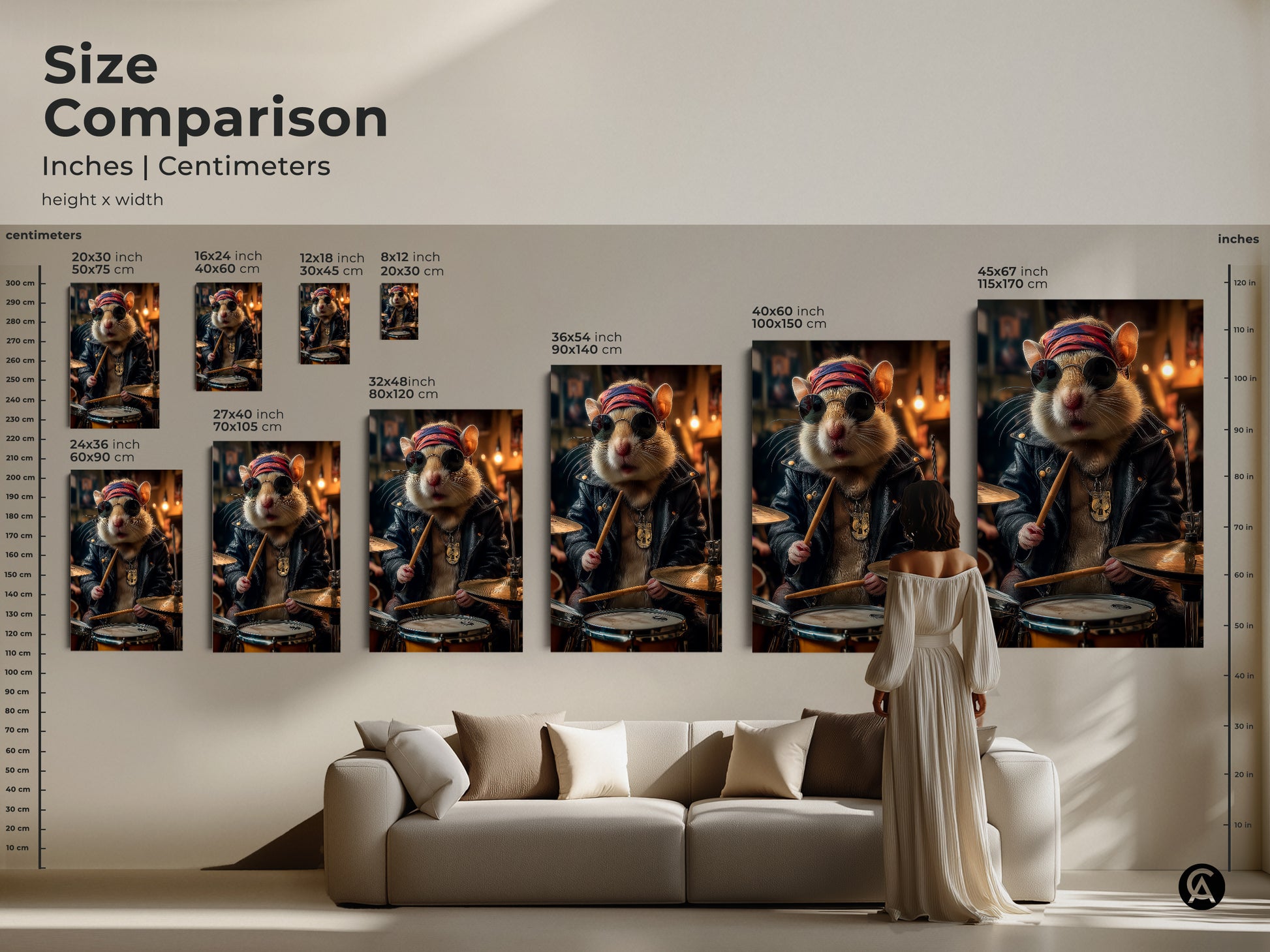 Size comparison of the rockabilly hamster drummer art print displayed in inches and centimeters. This retro music lover gift is showcased in various sizes above a couch. Visualize the scale of this musician gift idea. The print provides a unique pet portrait canvas.