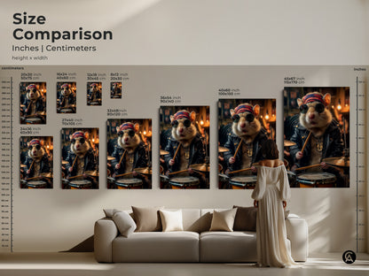 Size comparison of the rockabilly hamster drummer art print displayed in inches and centimeters. This retro music lover gift is showcased in various sizes above a couch. Visualize the scale of this musician gift idea. The print provides a unique pet portrait canvas.