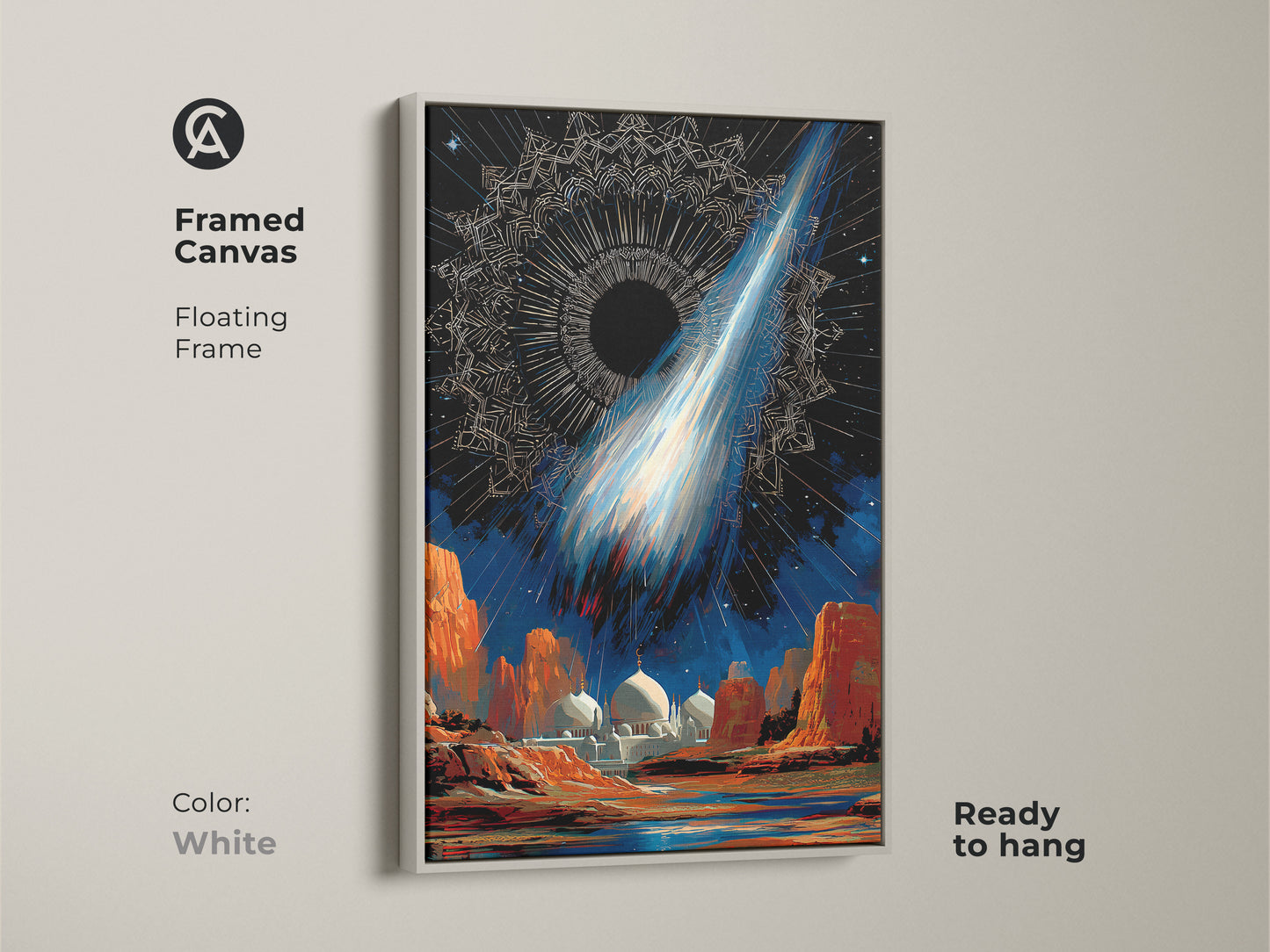 Framed Canvas in White showcasing surreal space mosque artwork. A floating frame complements the celestial comet wall art. The cosmic night sky decor features deep blue and orange tones. This abstract celestial print is ready to hang in any room.