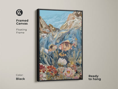Print presentation options for eclectic underwater collage art. See poster prints stretched canvas and framed canvas. Options include gallery wrap and floating frames. Choose from oak white black brown or antique gold frames.