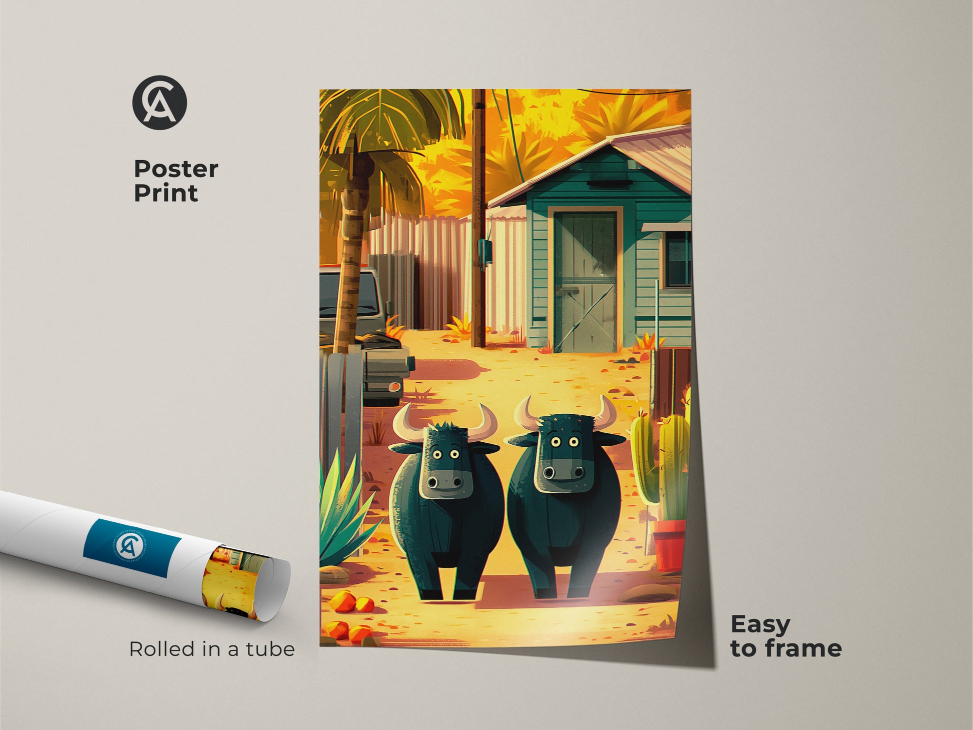 Poster print showcases cartoon buffalo wall artwork.  The print features a rural scene with two buffalo cacti and palm trees. Easy to frame this yellow orange teal art print adds a touch of whimsy. A perfect housewarming gift for animal lovers.