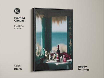 Framed canvas art in black featuring a coastal wine scene. This floating frame is ready to hang. It's ideal for dining room or restaurant wall decor. This contemporary print includes a wine bottle and glass. The seaside setting adds relaxed elegance to any space.