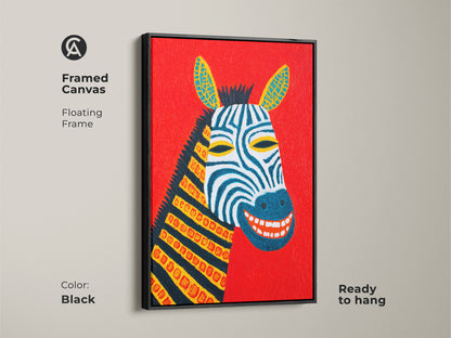 This is a framed canvas of an abstract zebra painting. The black floating frame enhances this red and blue animal print. It is ready to hang in a kids room. This folk art nursery print adds a colorful touch. An eclectic gift for animal lovers