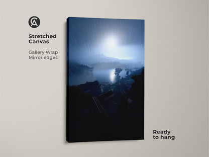 Stretched canvas art featuring a rainy harbor scene. The coastal cityscape wall decor showcases navy blue and gray hues. This ready-to-hang gallery wrap print has mirror edges. The artwork evokes a sense of maritime travel. It's an atmospheric coastal decor piece for nautical home decor. This unique art print enhances any space.