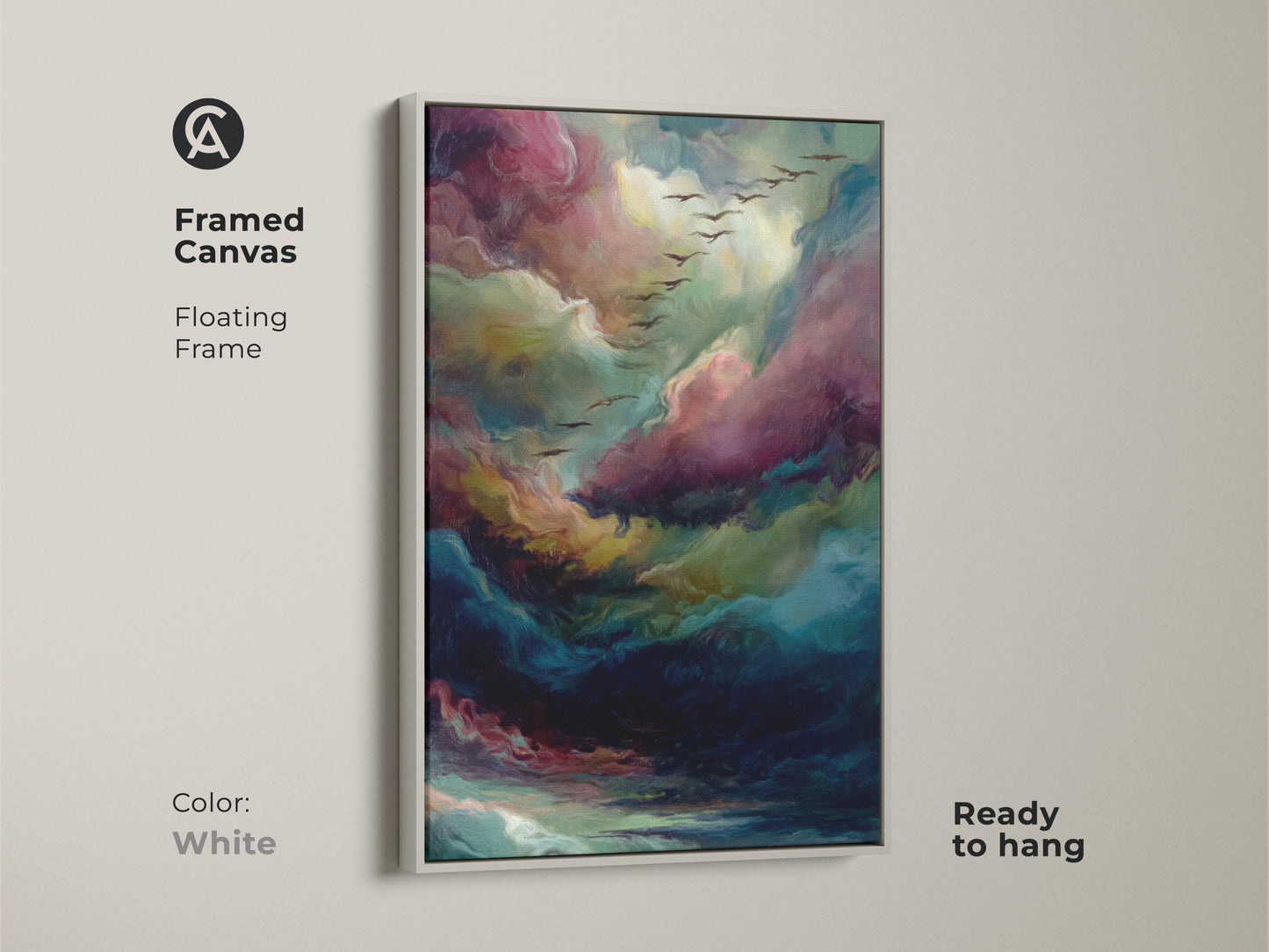 Abstract cloud art in a framed canvas. It comes with a clean white floating frame. This artwork is ready to hang instantly. The painting has a calming yet vibrant aesthetic. It includes birds.