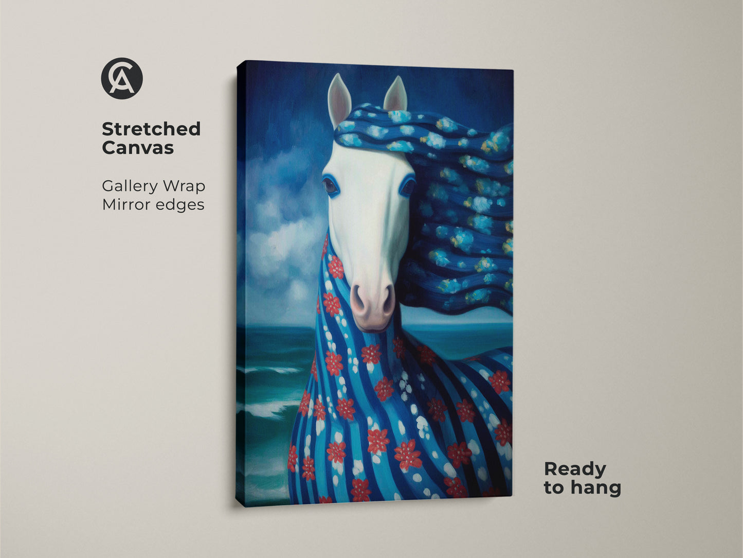 A stretched canvas print of a surreal horse is showcased. This gallery-wrapped artwork has mirrored edges and is ready to hang. The deep blue and turquoise tones create an ocean fantasy animal wall decor. It is ideal for eclectic home styles.
