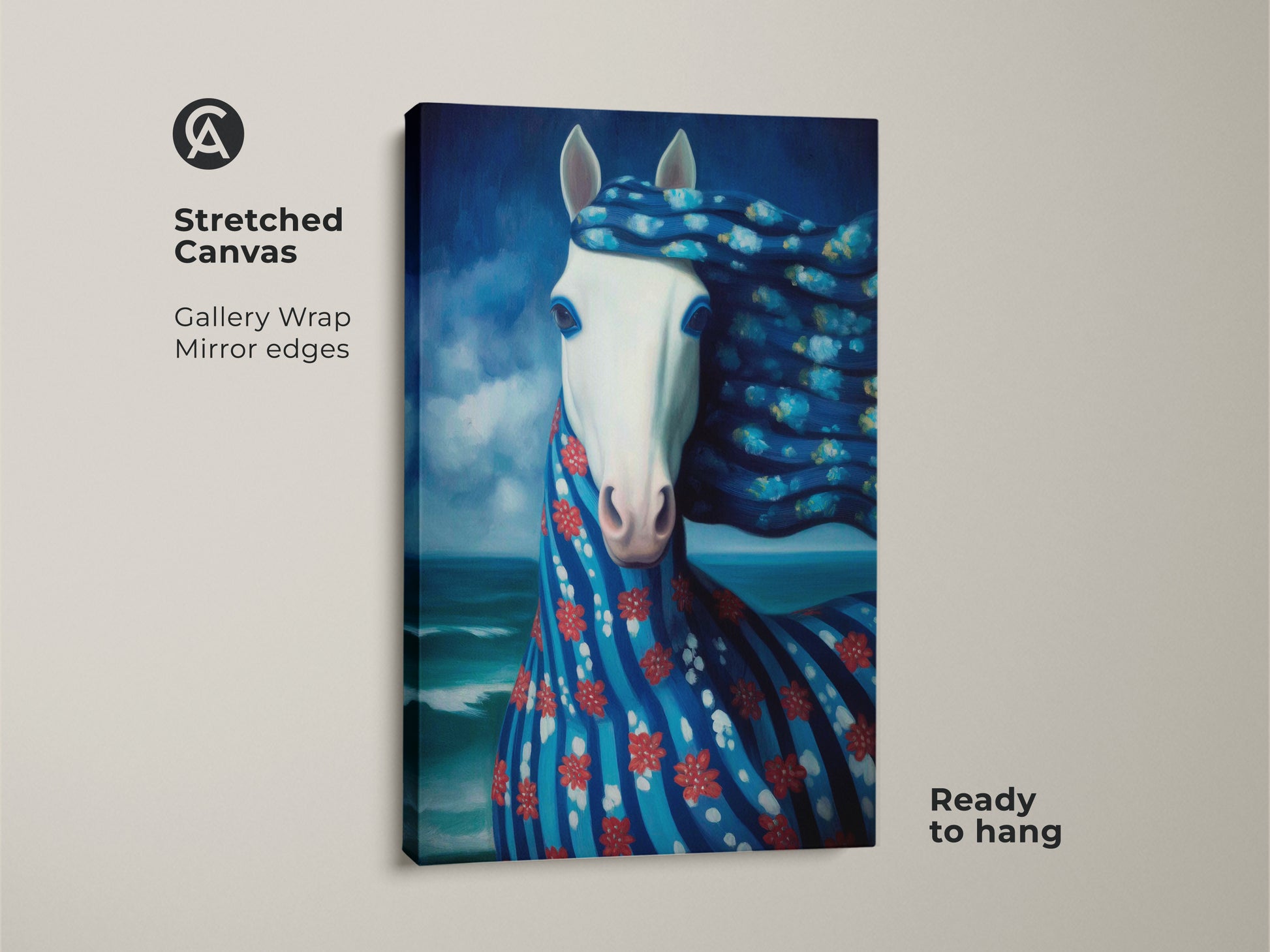 A stretched canvas print of a surreal horse is showcased. This gallery-wrapped artwork has mirrored edges and is ready to hang. The deep blue and turquoise tones create an ocean fantasy animal wall decor. It is ideal for eclectic home styles.