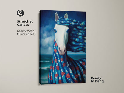 A stretched canvas print of a surreal horse is showcased. This gallery-wrapped artwork has mirrored edges and is ready to hang. The deep blue and turquoise tones create an ocean fantasy animal wall decor. It is ideal for eclectic home styles.
