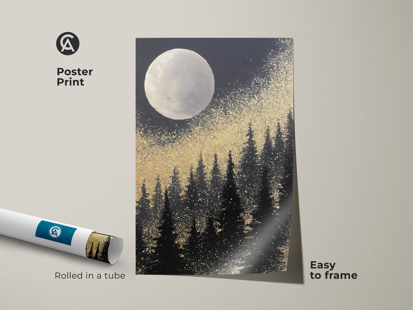 Transform your space with this black and gold forest art print. The abstract moon forest canvas is easy to frame. It showcases a gold splatter night sky art. The black and white celestial landscape makes a stunning statement. This eclectic bedroom wall decor brings the beauty of nature indoors. A great nature lover gift idea.