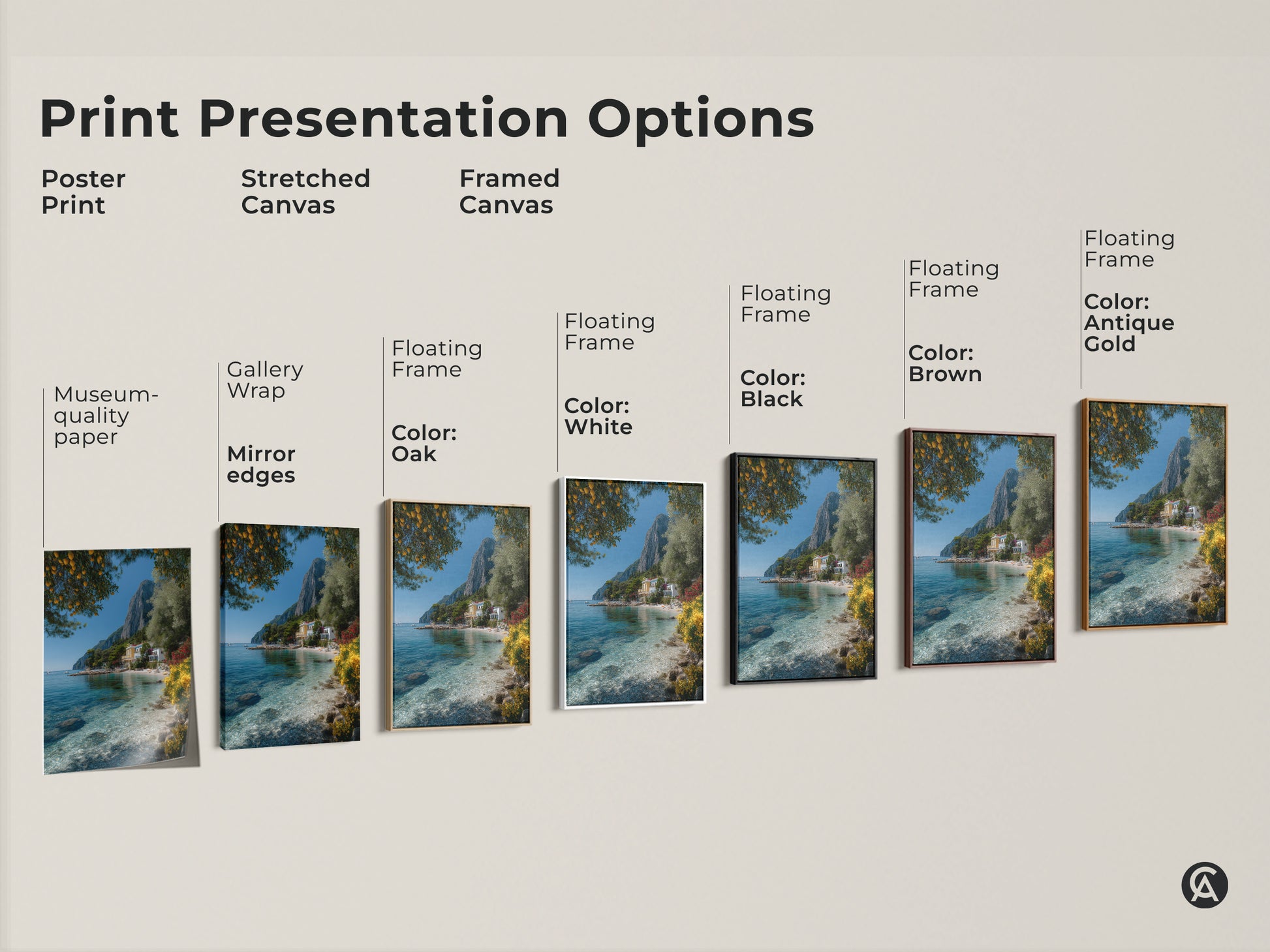 Explore various print presentation options for Mediterranean lemon tree artwork. Choose from poster prints stretched canvas and framed canvas. Discover museum quality edges gallery wraps and floating frames. Find the perfect style to showcase this scenic landscape art in your home.